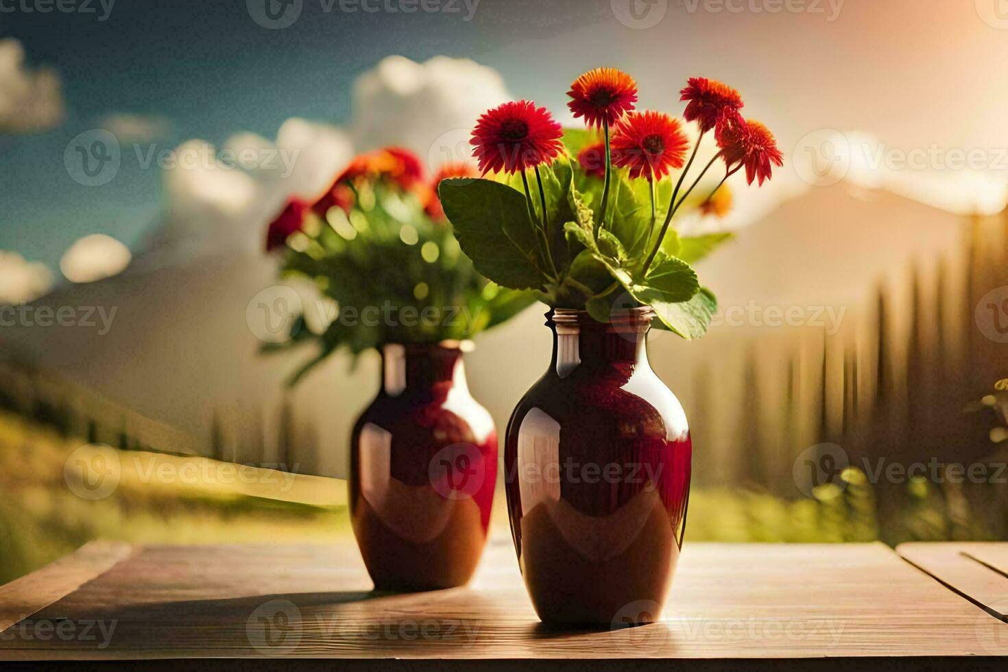 två röd vaser med blommor på en tabell i främre av en berg. ai-genererad foto