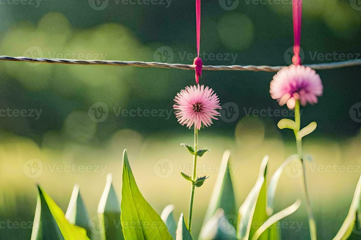 två rosa blommor hängande från en tråd. ai-genererad foto