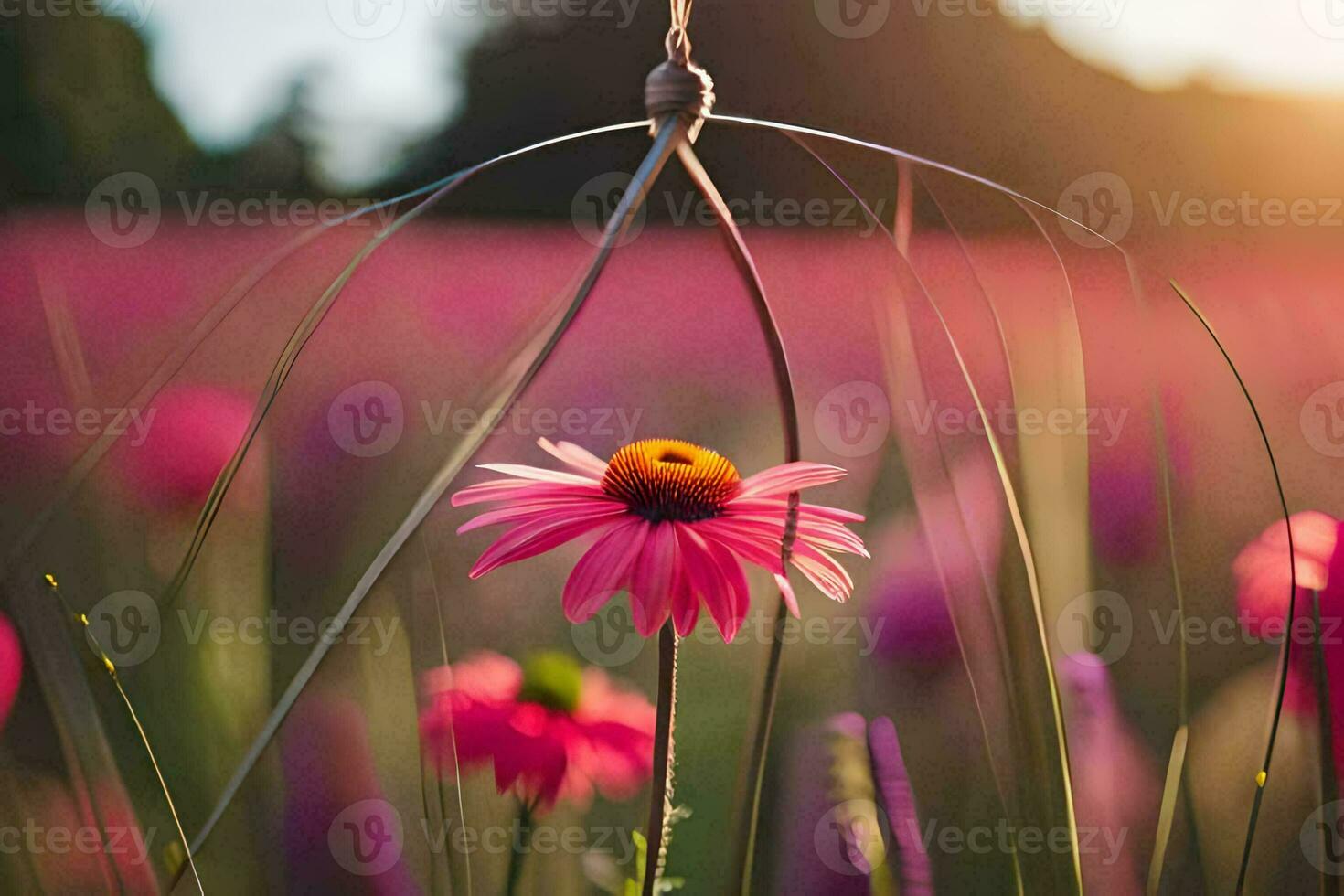 en rosa blomma är i en fält med en metall bur. ai-genererad foto