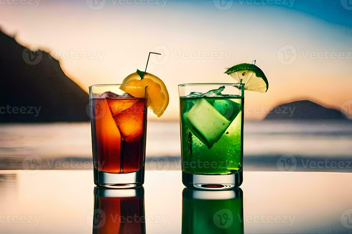 två drycker med färgrik drycker på en tabell. ai-genererad foto