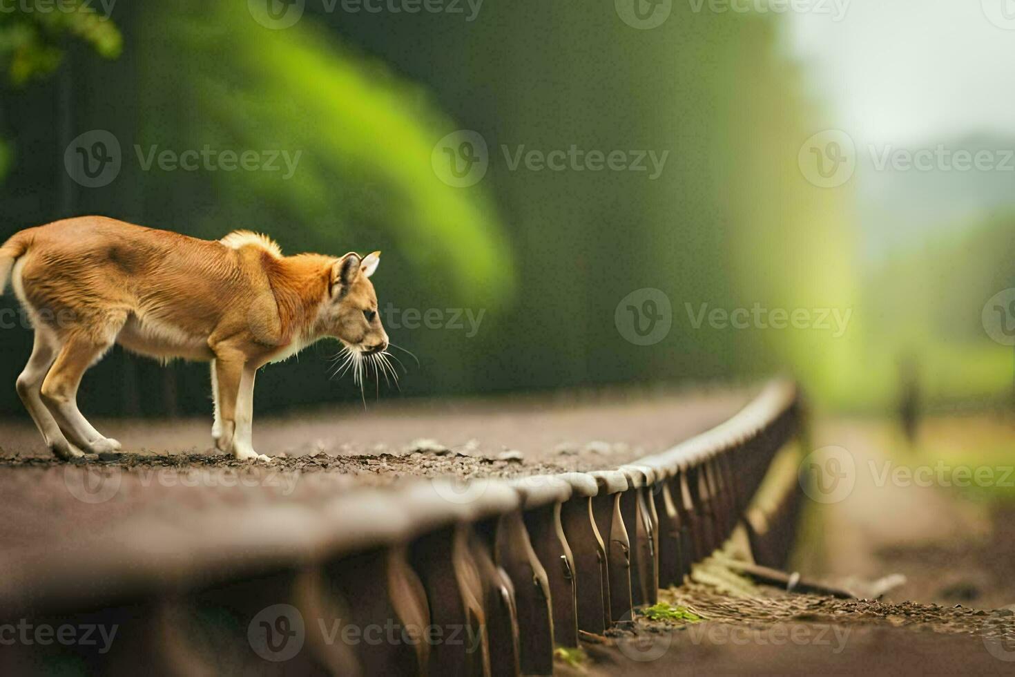 en hund gående längs en järnväg Spår. ai-genererad foto