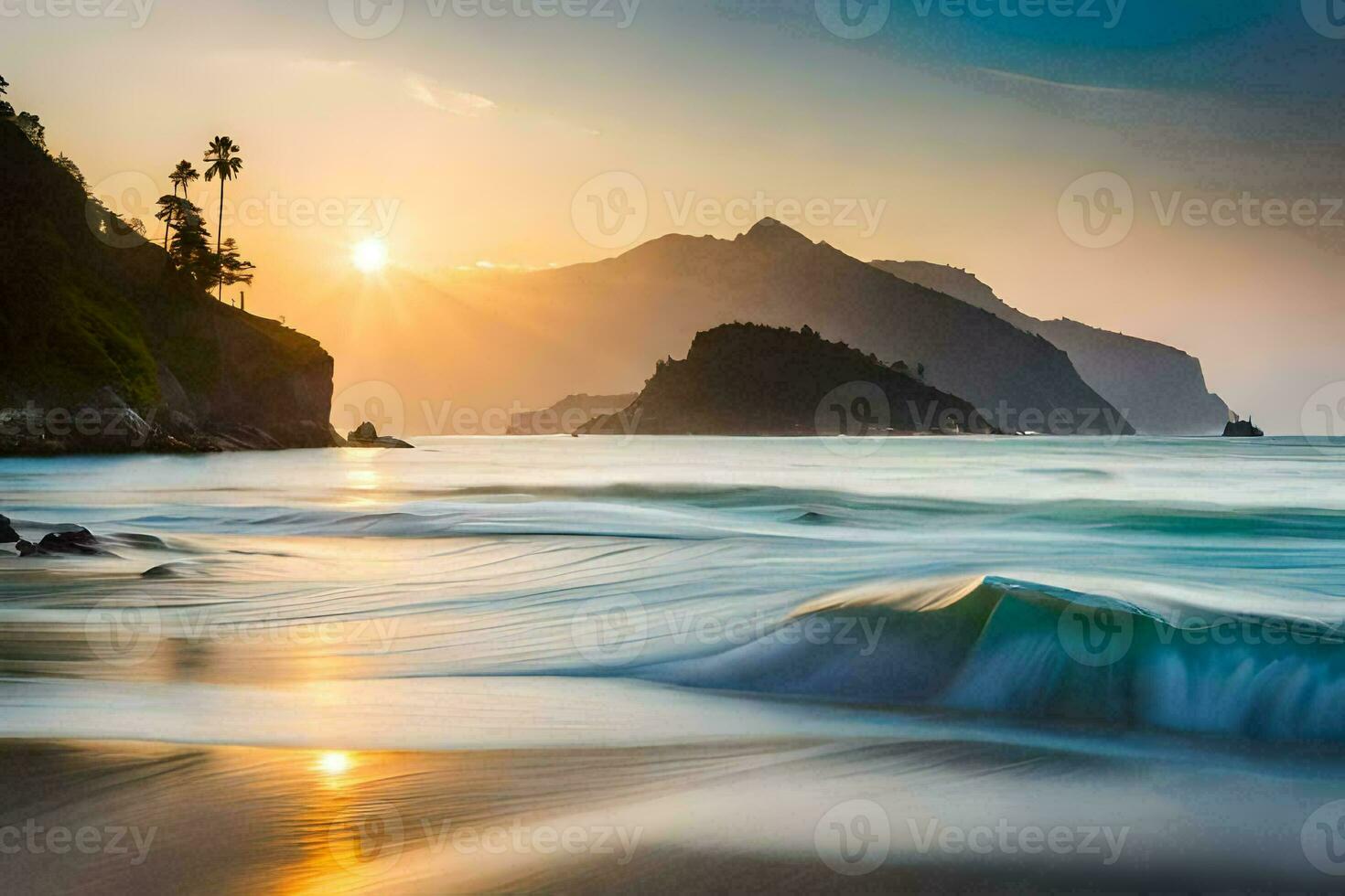 de Sol stiger över de hav och vågor. ai-genererad foto