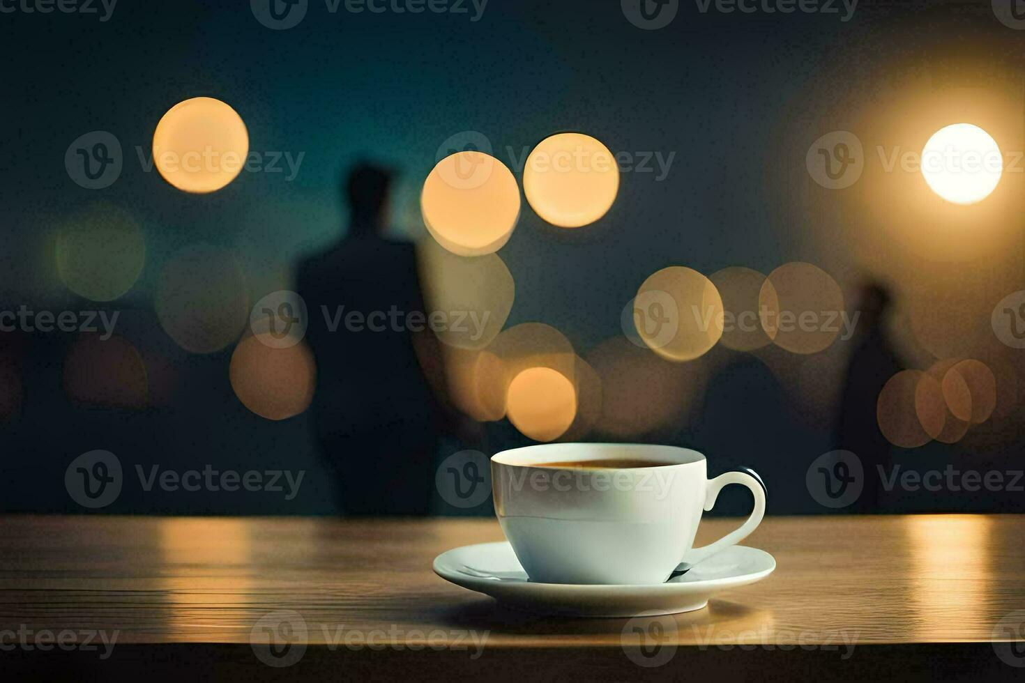en kopp av kaffe på en tabell i främre av en suddig bakgrund. ai-genererad foto