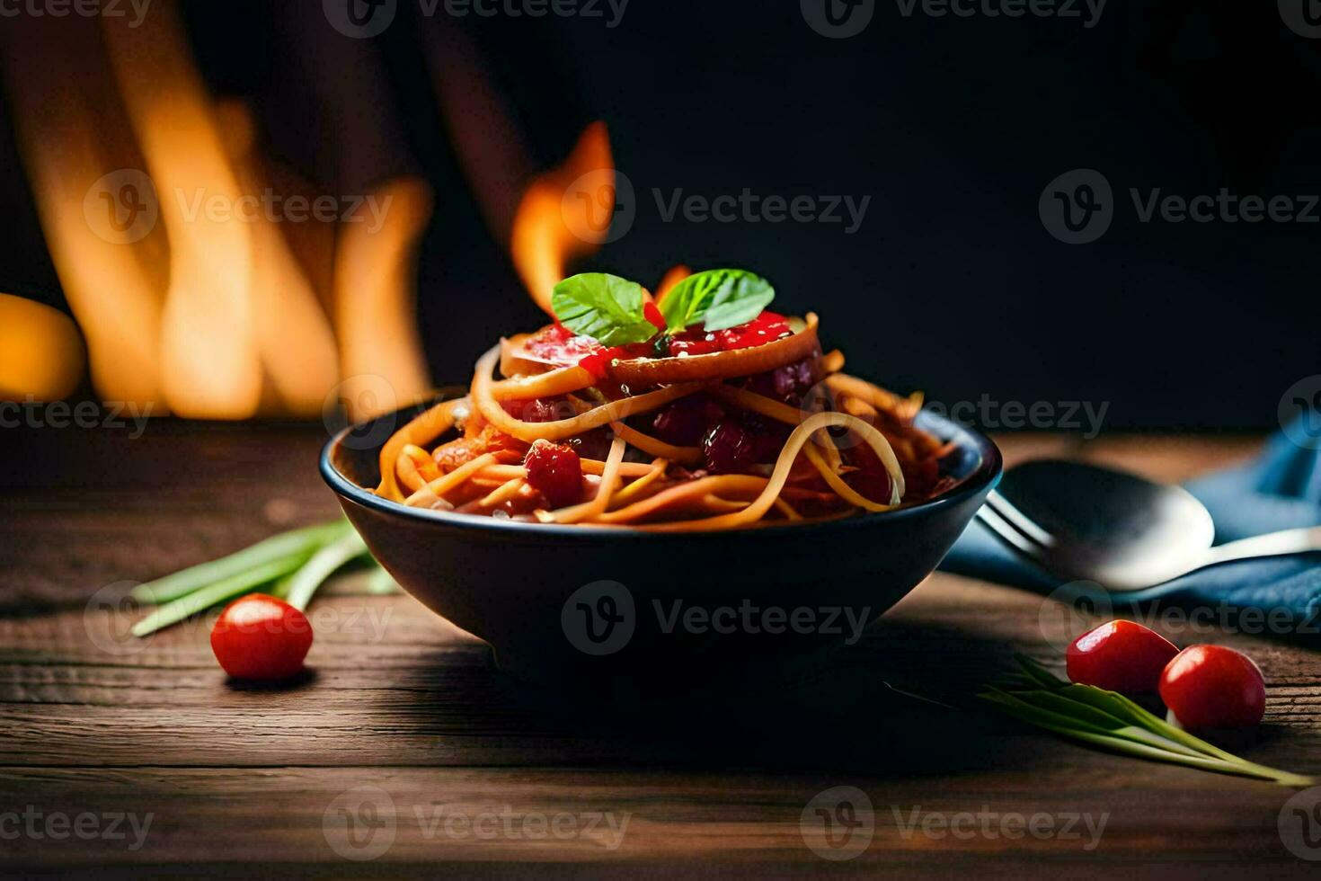 spaghetti med tomat sås och körsbär tomater i en skål. ai-genererad foto