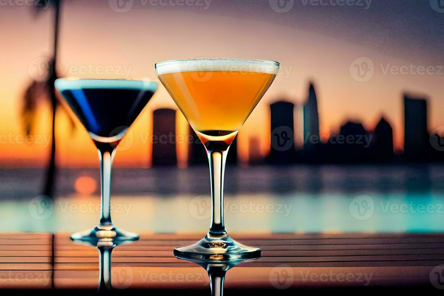 två glasögon av alkohol på en tabell i främre av en stad horisont. ai-genererad foto