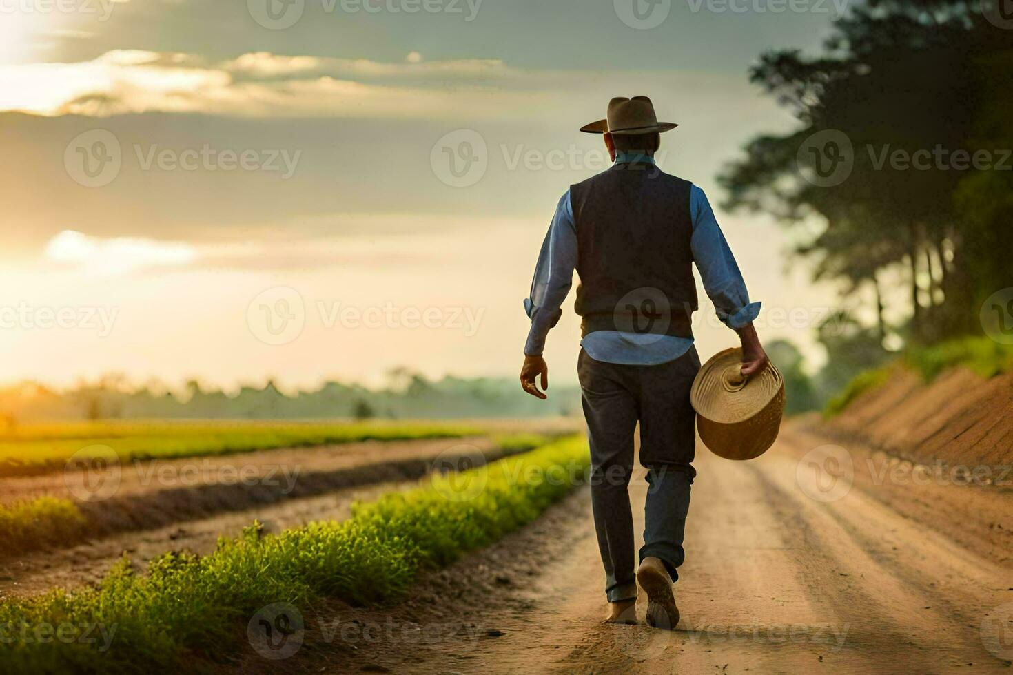 en man gående ner en smuts väg med en hatt. ai-genererad foto