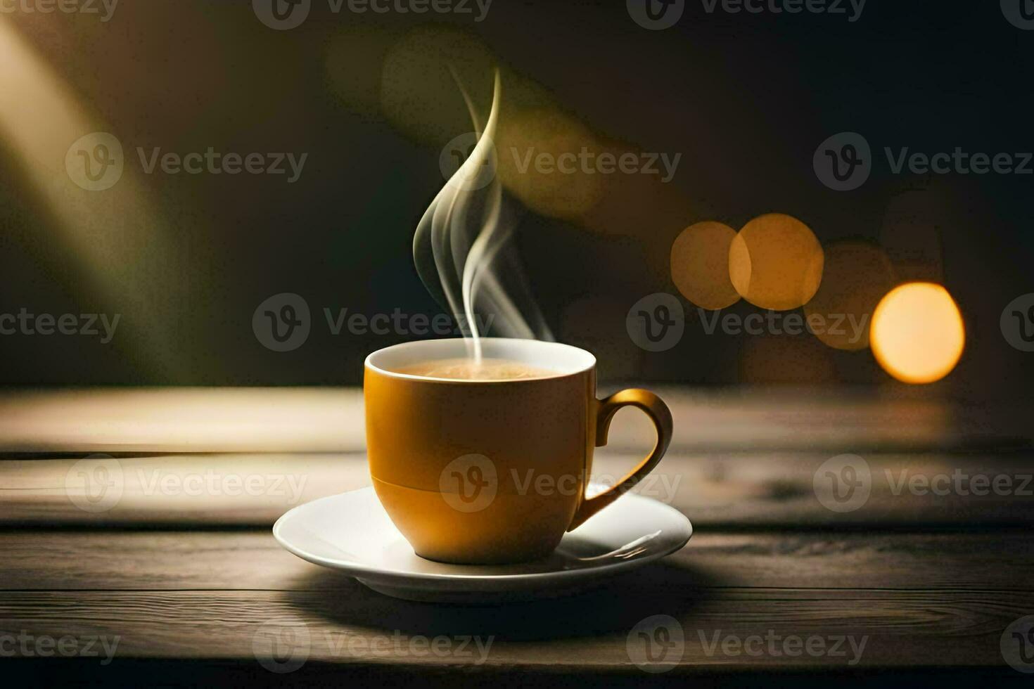 en kopp av kaffe på en trä- tabell. ai-genererad foto