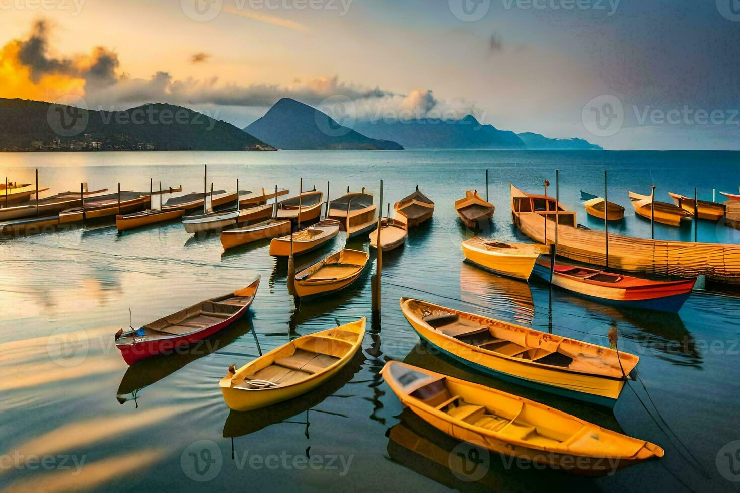 båtar dockad på de Strand av en sjö på solnedgång. ai-genererad foto