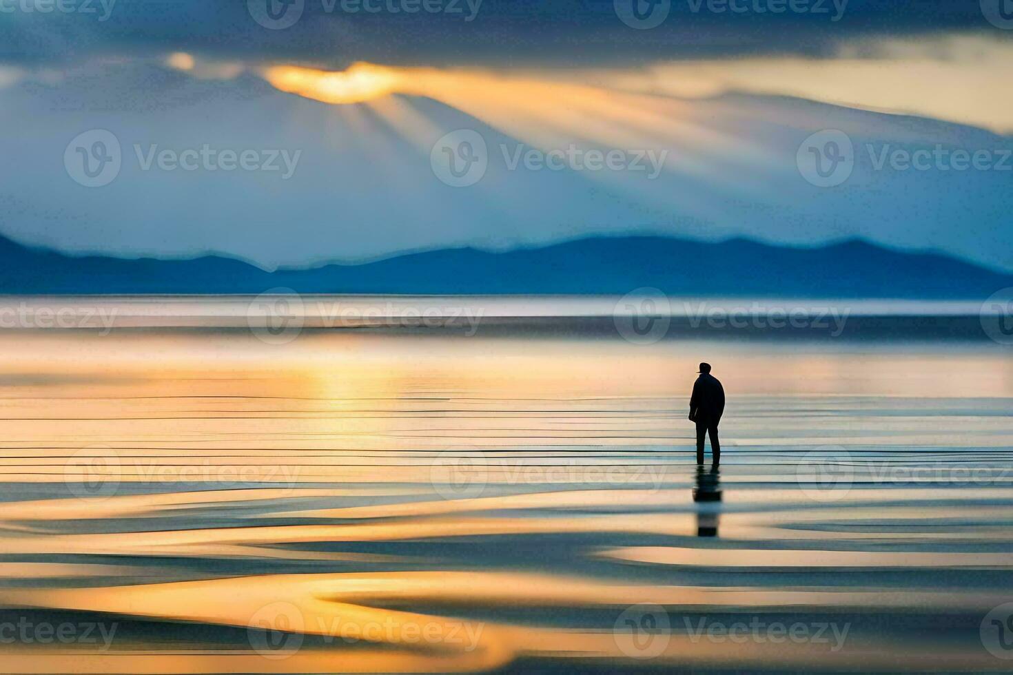 en ensam person står i de mitten av en sjö på solnedgång. ai-genererad foto
