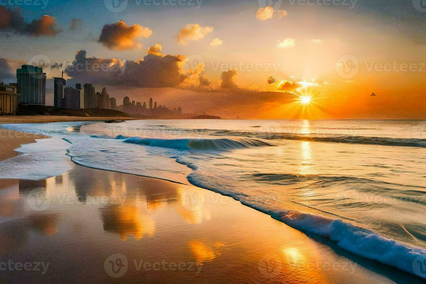 de Sol stiger över de strand och stad horisont. ai-genererad foto