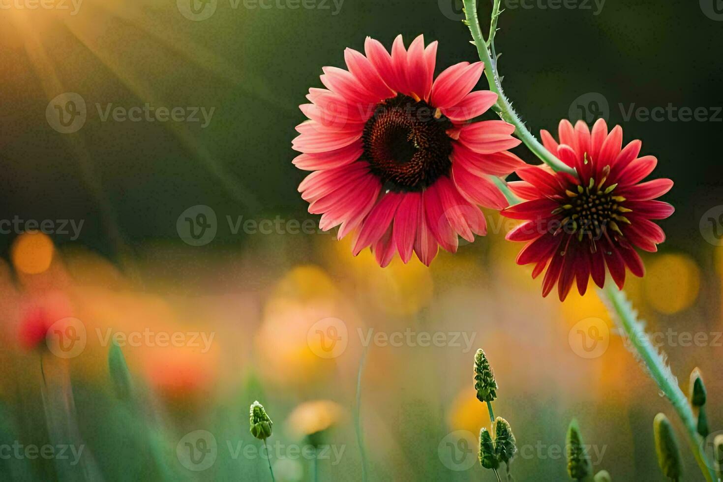 två röd blommor i en fält med de Sol lysande. ai-genererad foto