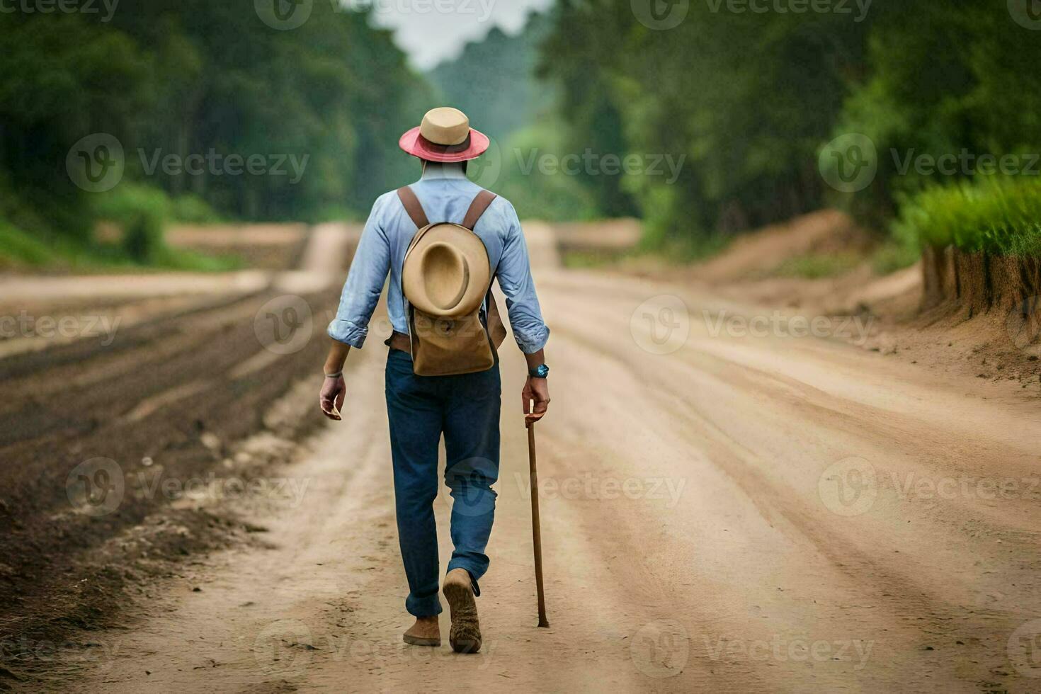 en man med en hatt och sockerrör gående ner en smuts väg. ai-genererad foto