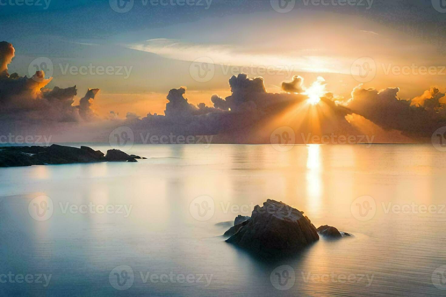 de Sol stiger över de hav och rocks. ai-genererad foto