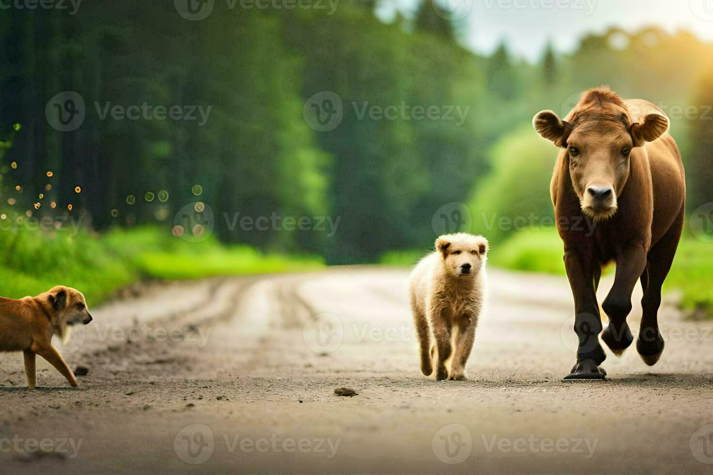 en ko och två hundar gående ner en väg. ai-genererad foto