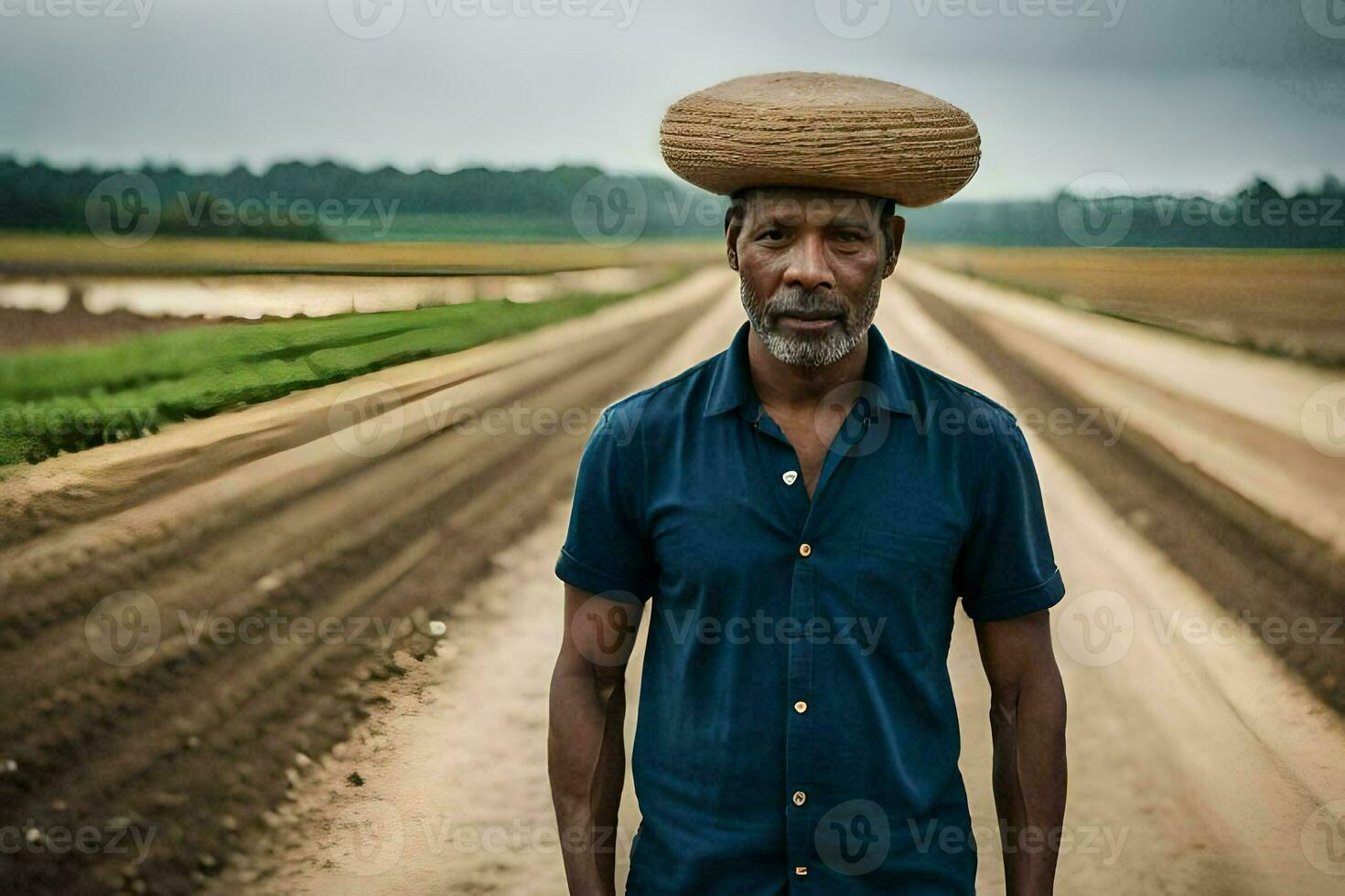 en man bär en hatt står på en smuts väg. ai-genererad foto