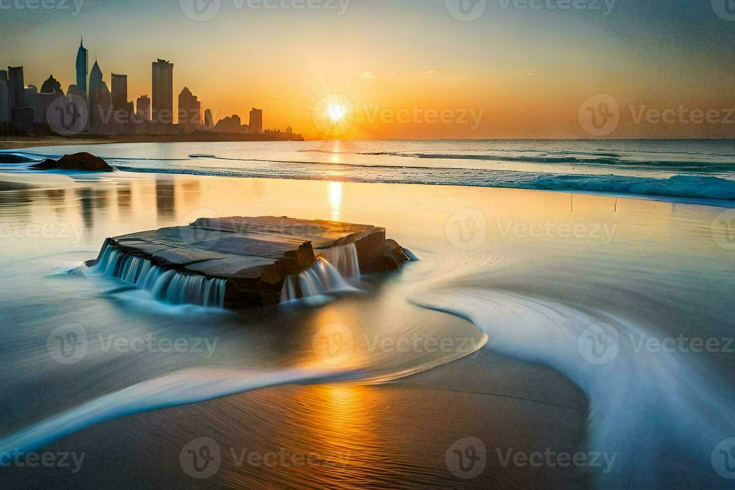 en stad horisont på solnedgång med vågor kraschar på de strand. ai-genererad foto