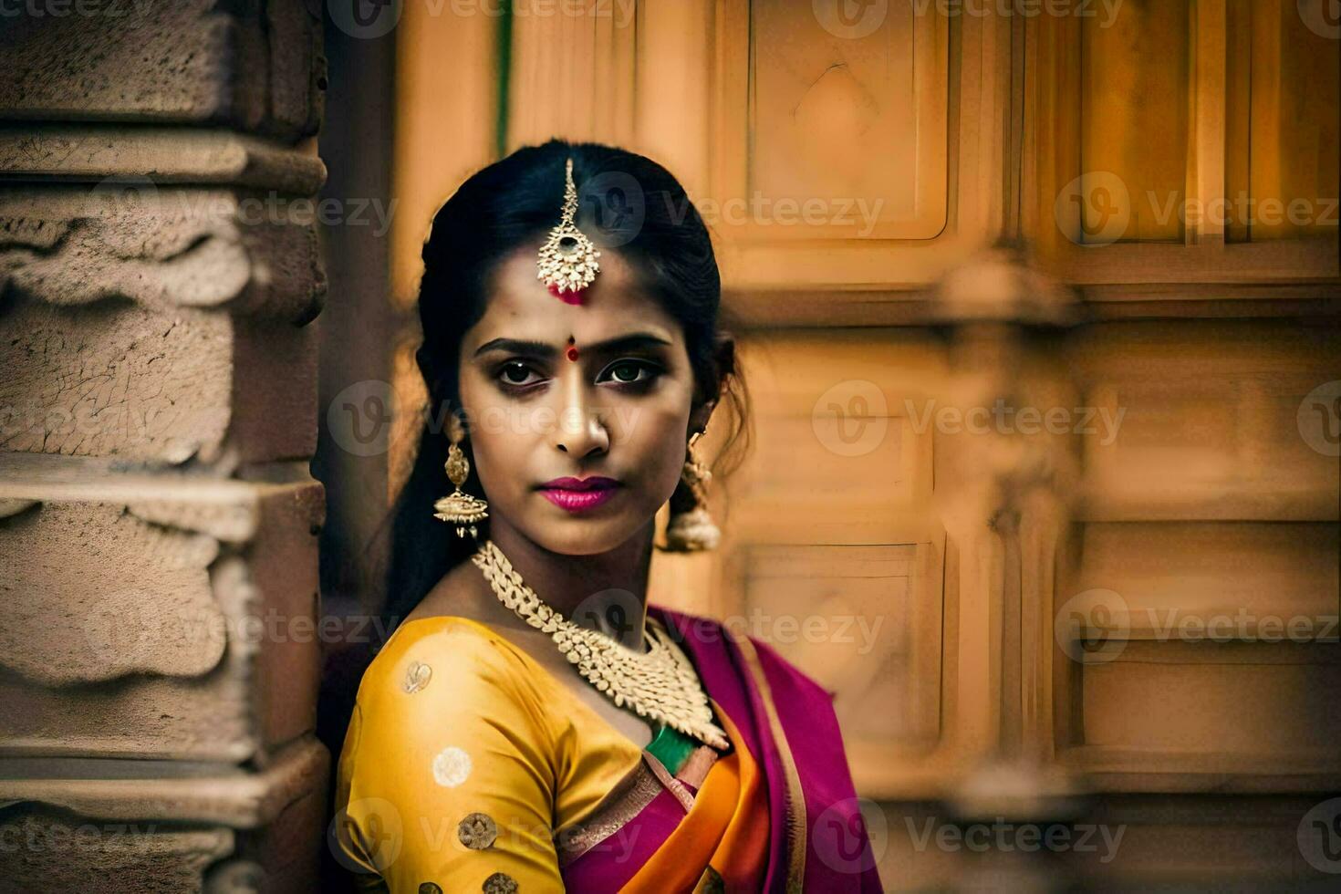 skön indisk kvinna i traditionell sari. ai-genererad foto