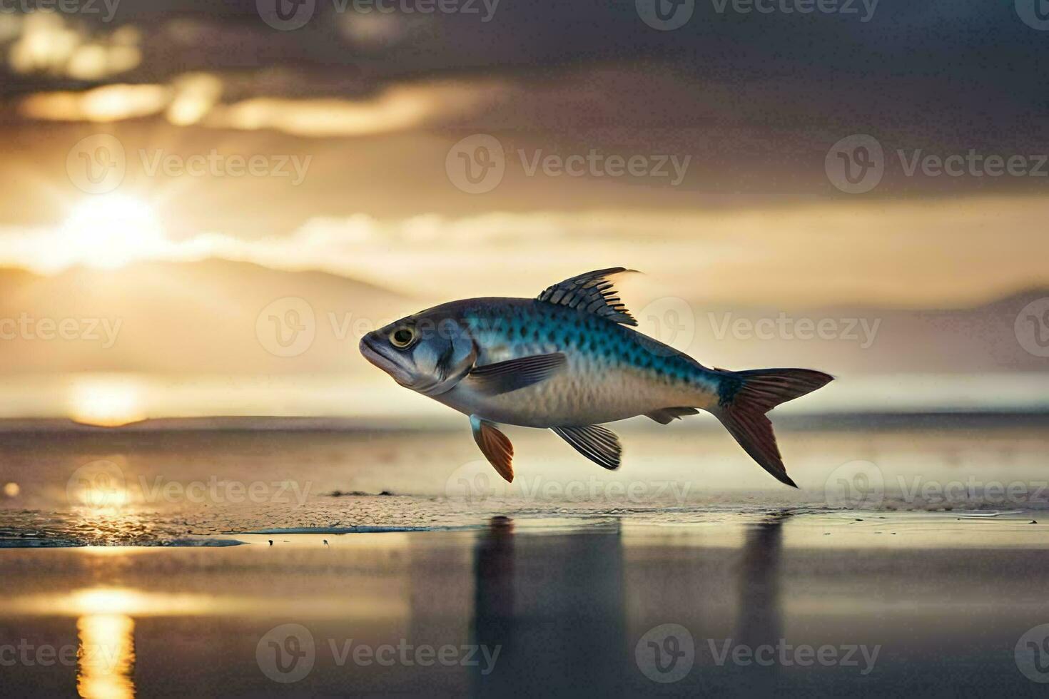 en fisk är Hoppar på de strand på solnedgång. ai-genererad foto