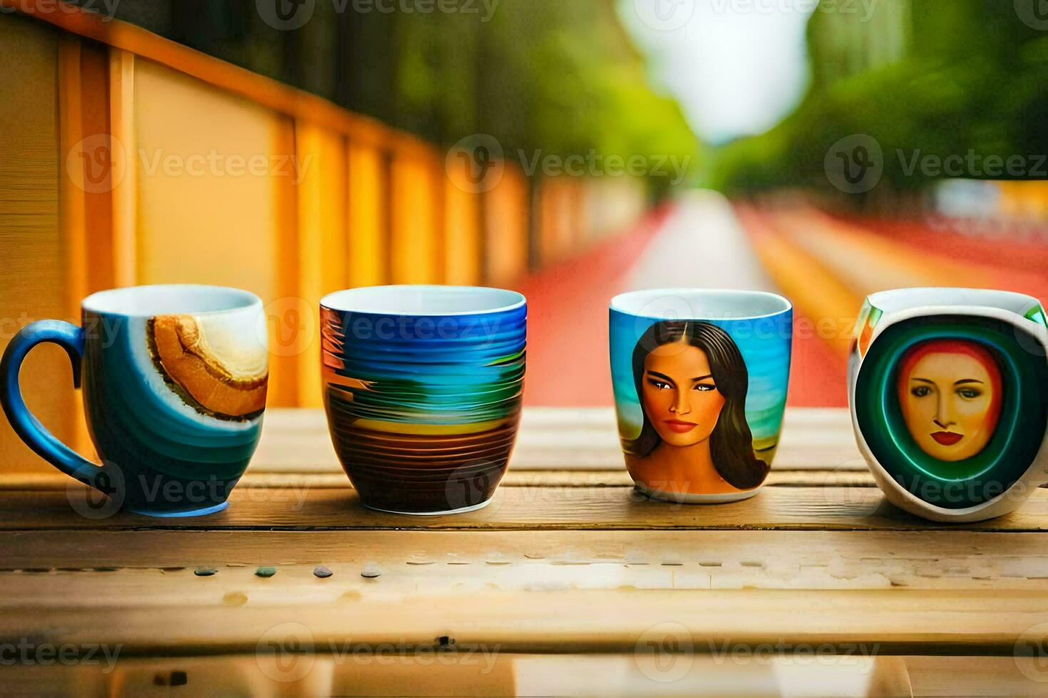 tre kaffe muggar med annorlunda mönster på dem. ai-genererad foto