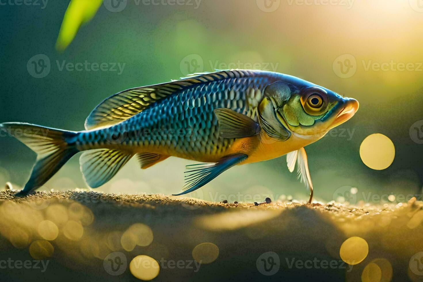 en fisk är gående på de sand. ai-genererad foto