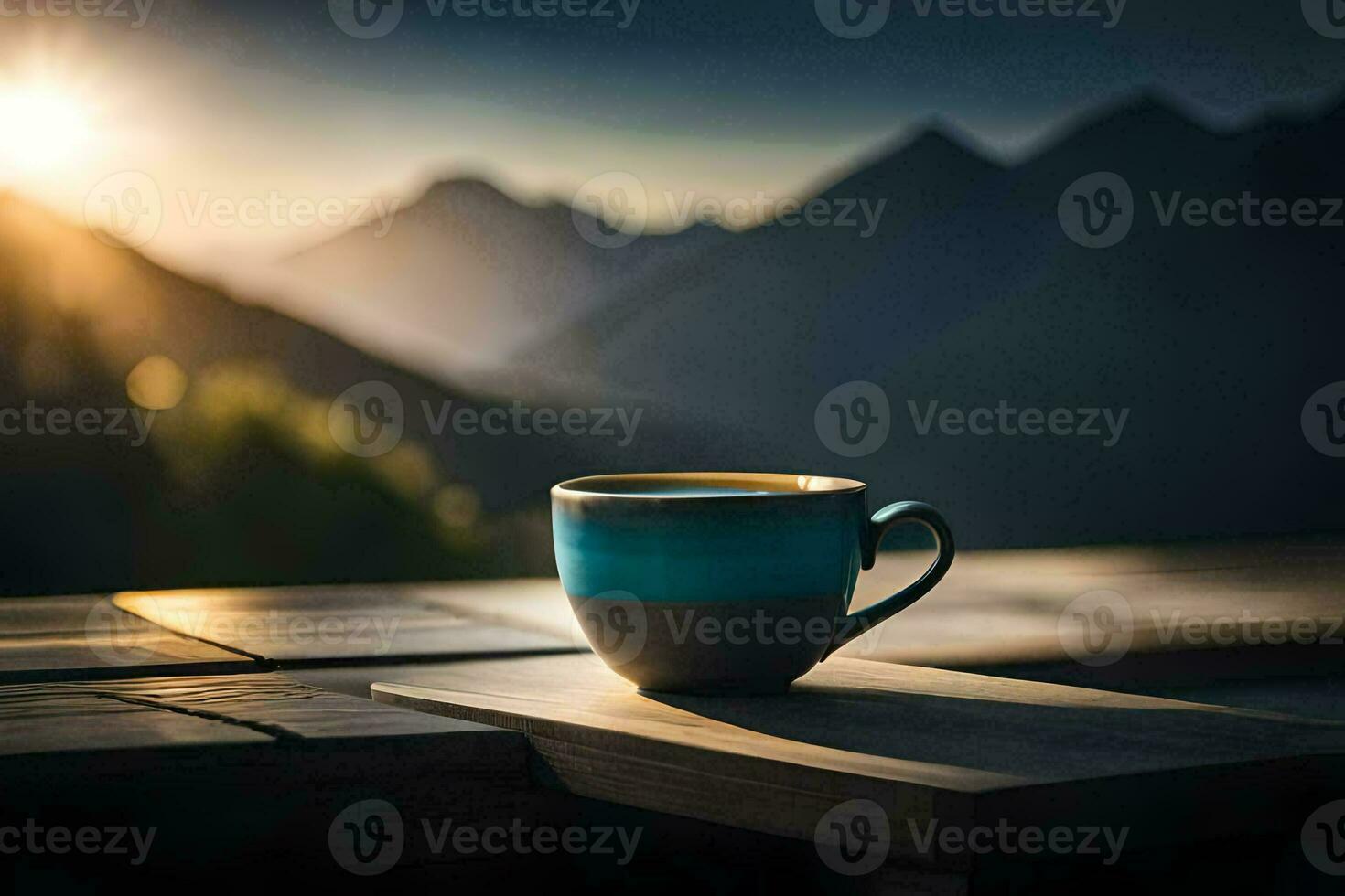 kaffe kopp på de balkong, berg, soluppgång, de Sol, de berg, de berg. ai-genererad foto