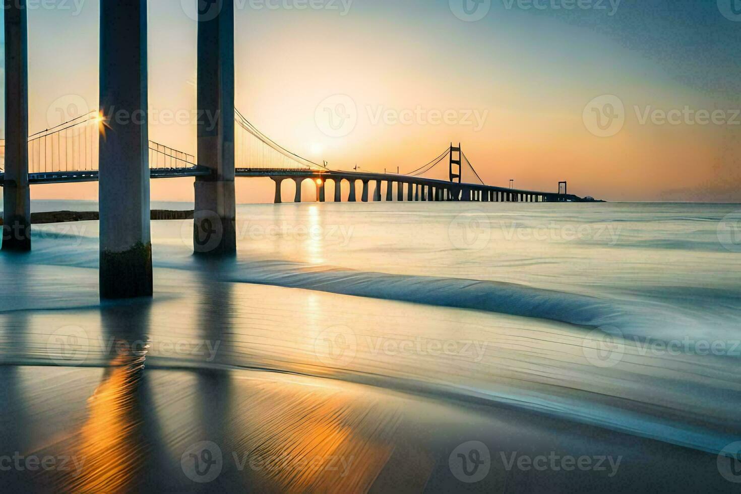 de Sol uppsättningar över de vatten och en bro. ai-genererad foto