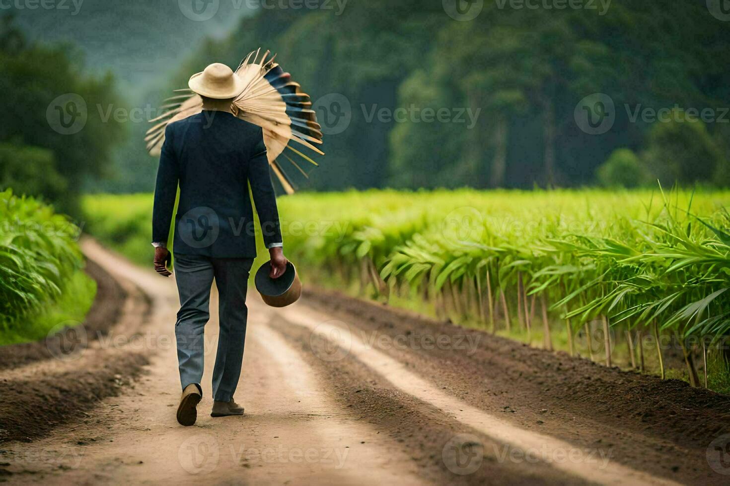 en man i en kostym och hatt gående ner en smuts väg. ai-genererad foto