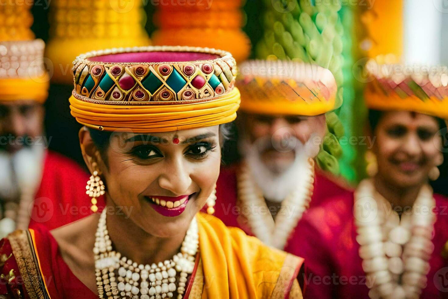 en kvinna i traditionell indisk klädsel ler för de kamera. ai-genererad foto