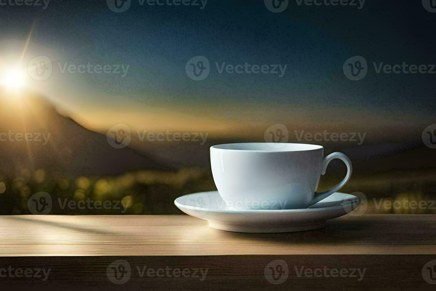 en kopp av kaffe på en tabell i de berg. ai-genererad foto