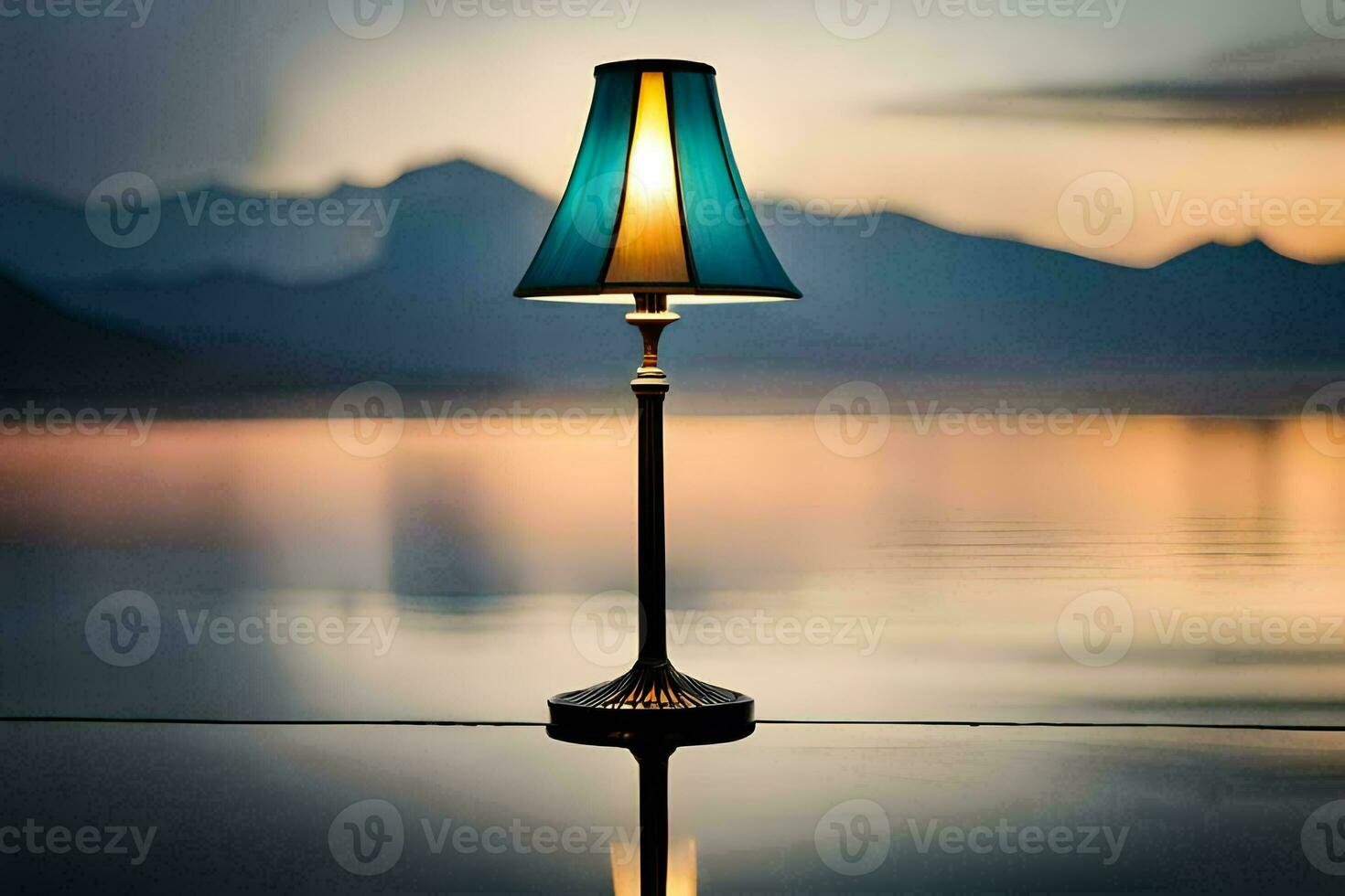 en lampa Sammanträde på de kant av en sjö på solnedgång. ai-genererad foto