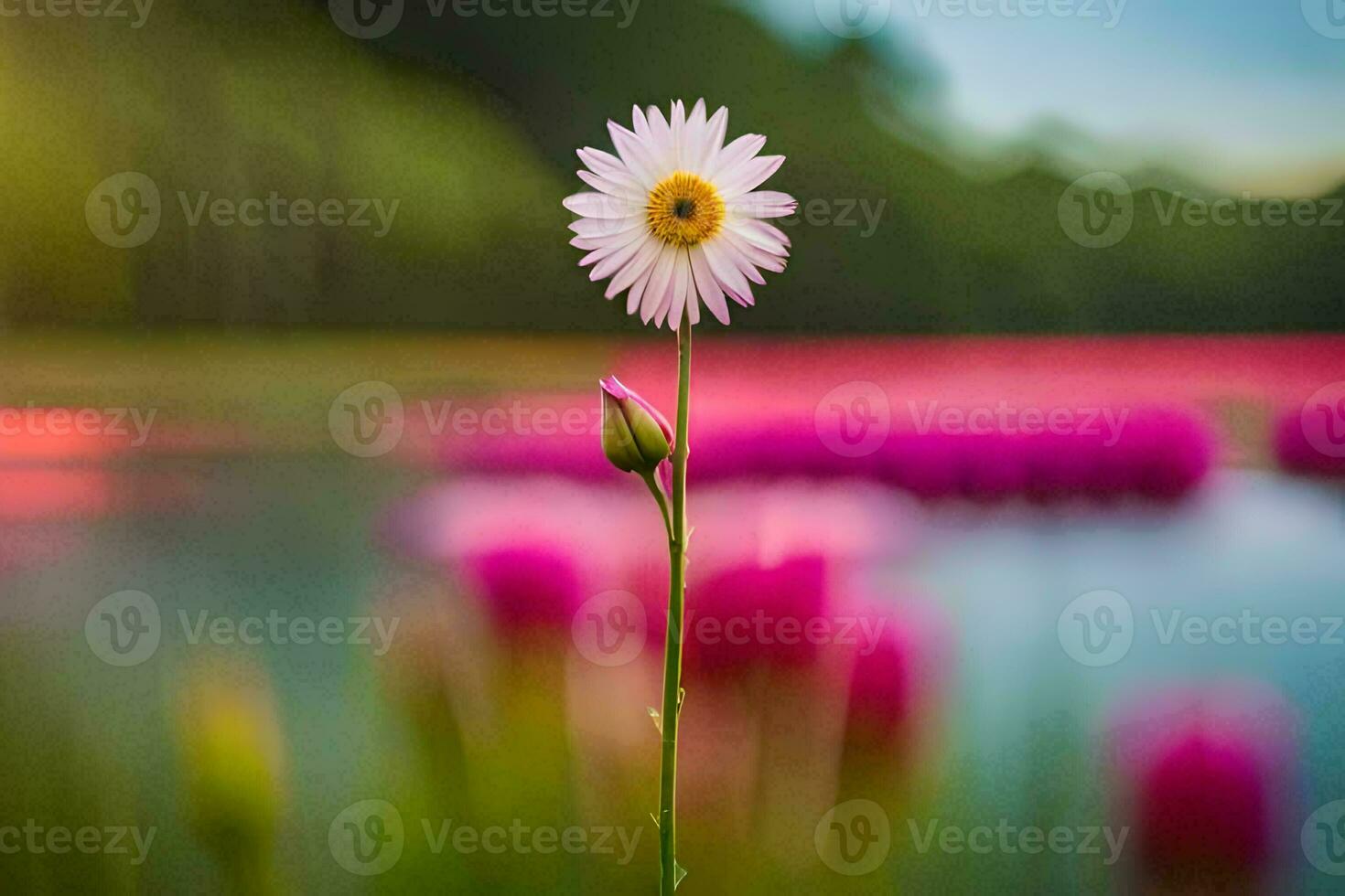 en enda blomma står i främre av en sjö. ai-genererad foto