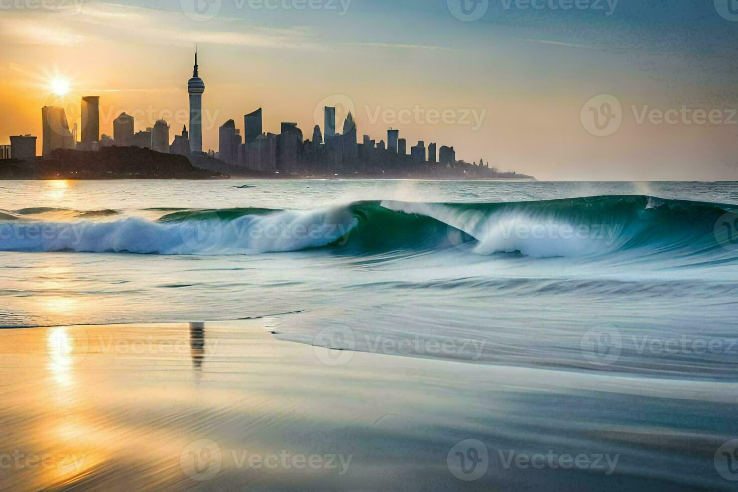 de stad horisont är reflekterad i de vatten som vågor krascha in i de Strand. ai-genererad foto