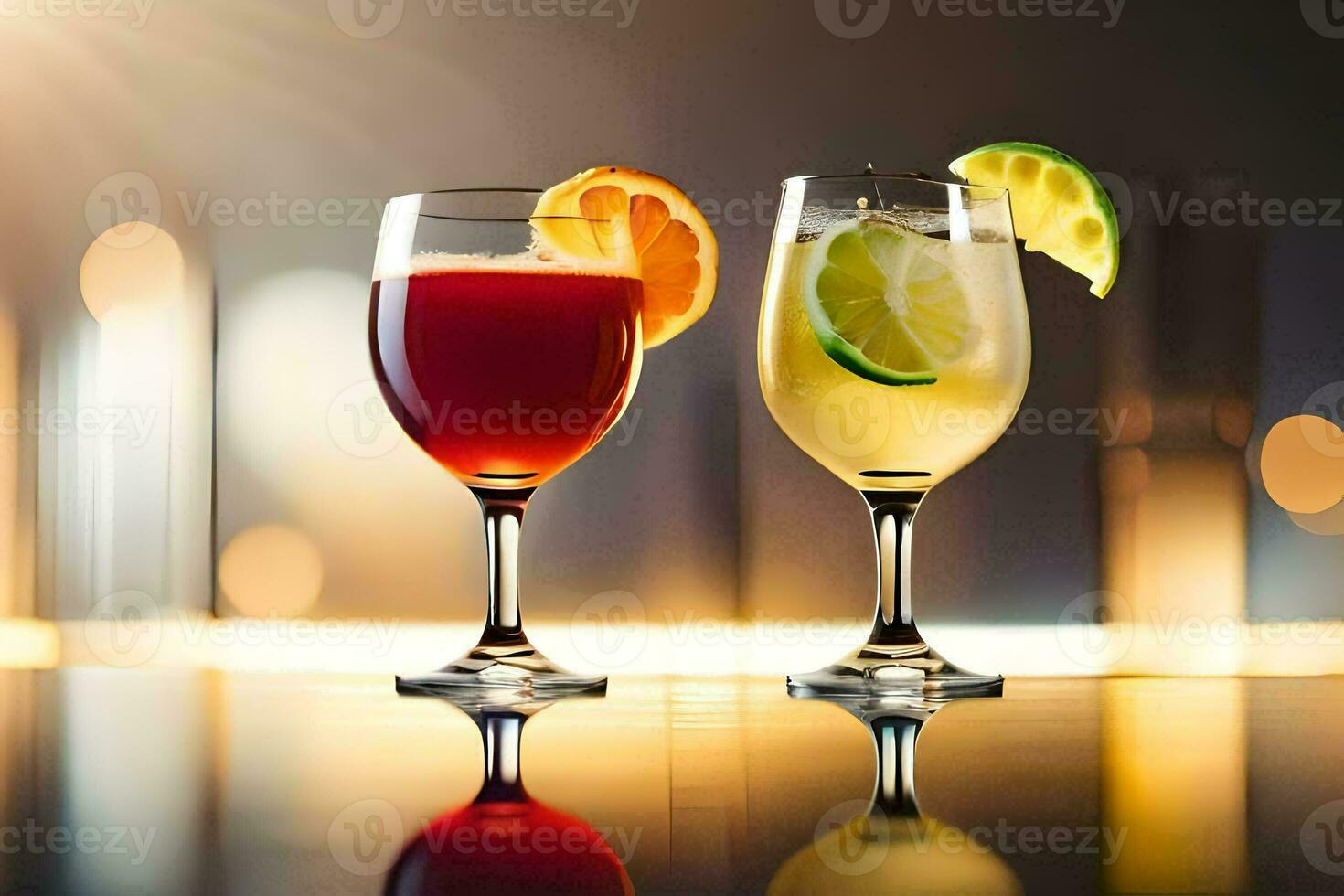 två glasögon av drycker med orange skivor och citron- skivor. ai-genererad foto