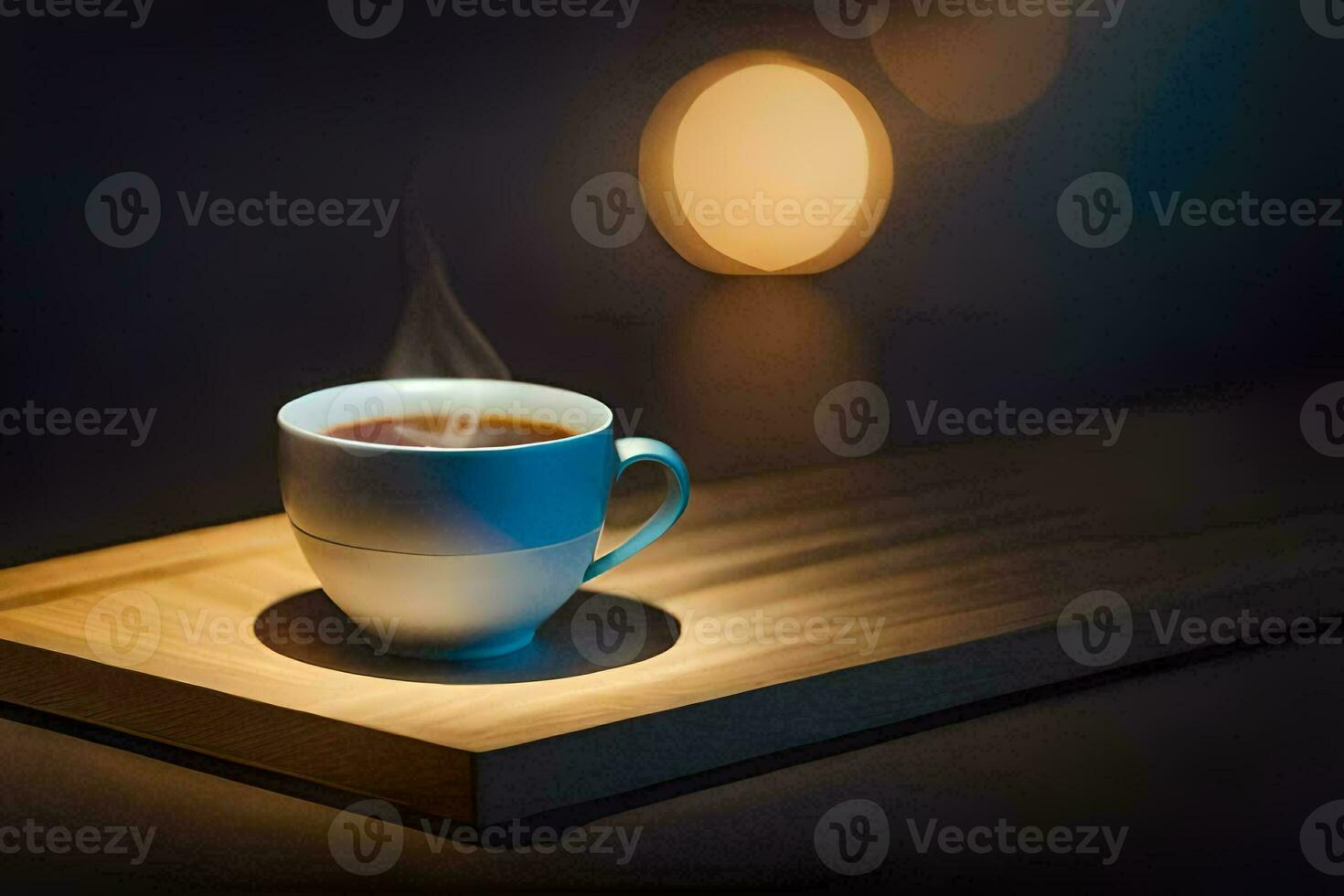 en kopp av kaffe på en trä- bricka. ai-genererad foto