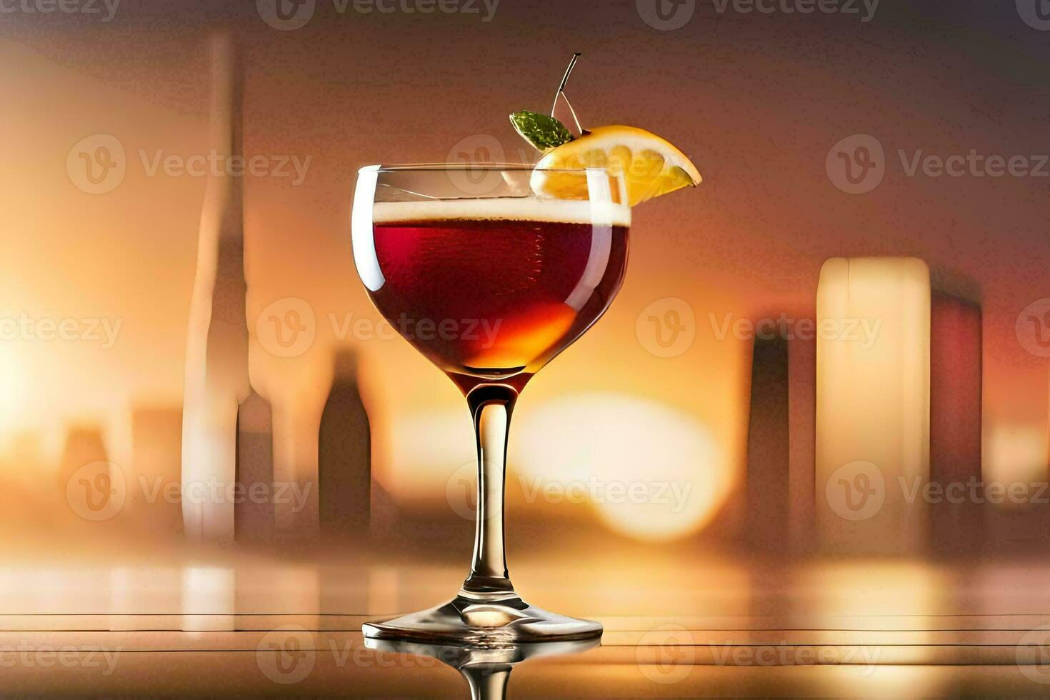 cocktail i en glas med stadsbild i de bakgrund. ai-genererad foto