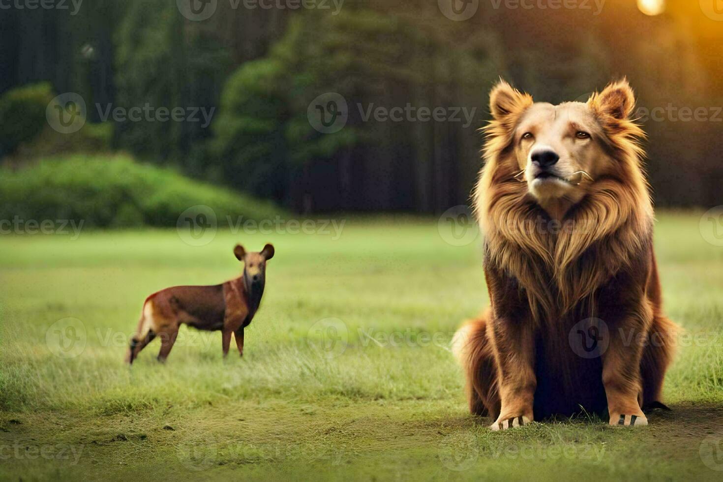 en hund och en rådjur i de fält. ai-genererad foto