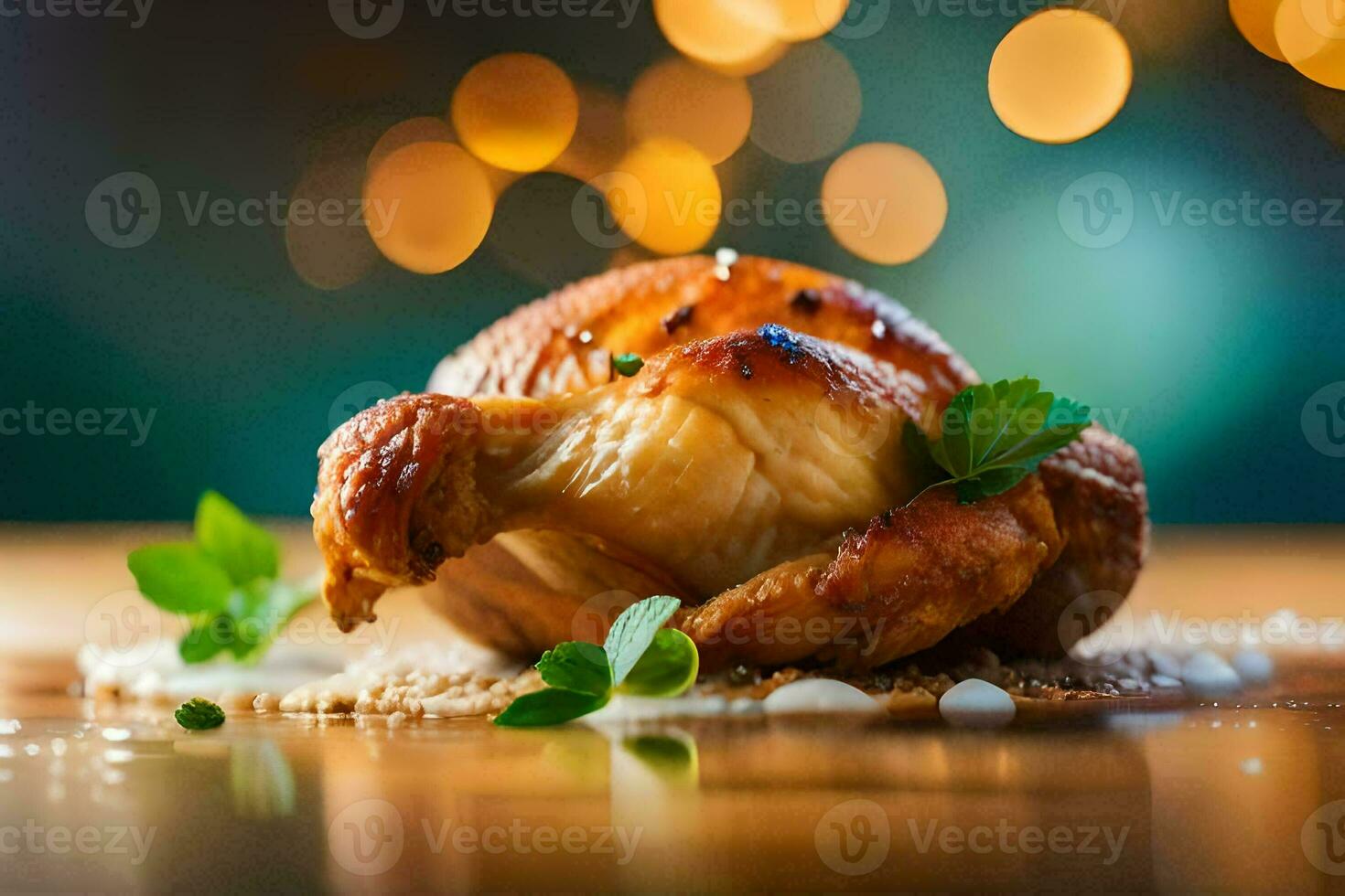 en rostad kyckling på en trä- tabell med en bokeh bakgrund. ai-genererad foto