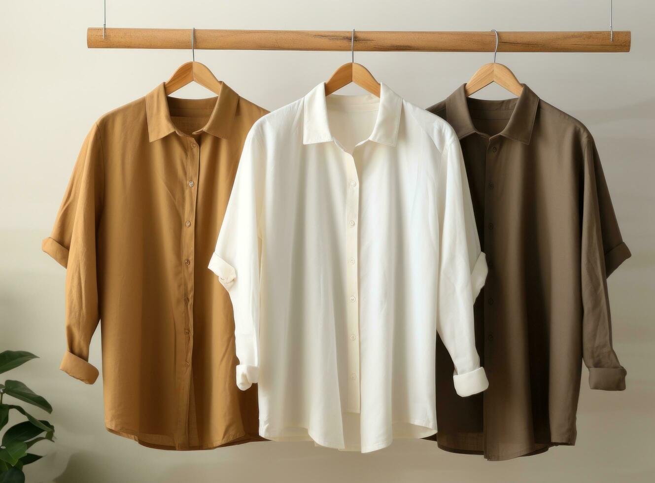 tre klänning shirts hängande på en trä- galge foto