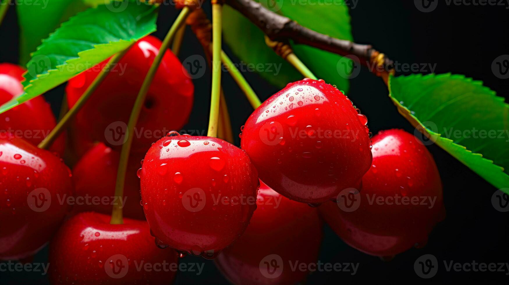 premie körsbär en körsbär klunga med vatten droppar och träd mogen godhet ai genererad foto