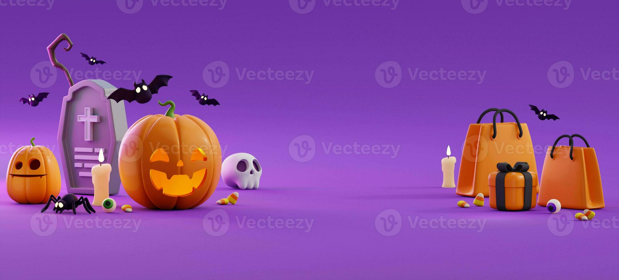 halloween befordran affisch eller baner mall med halloween pumpa spöke, godis, fladdermus, spindel och halloween elements.website baner i 3d stil för affisch eller hälsning kort.3d framställa illustration foto