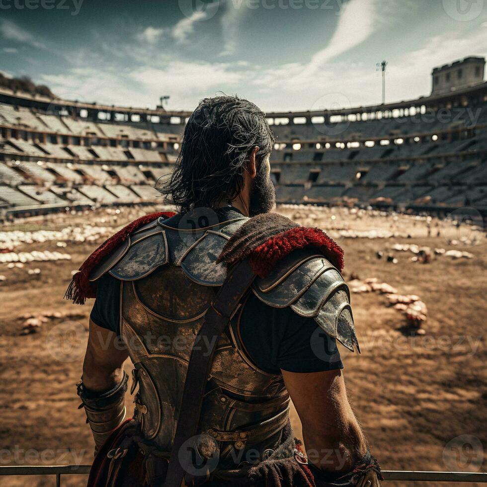 viking gladiator i postapokalyptisk roman arena. generativ ai. foto