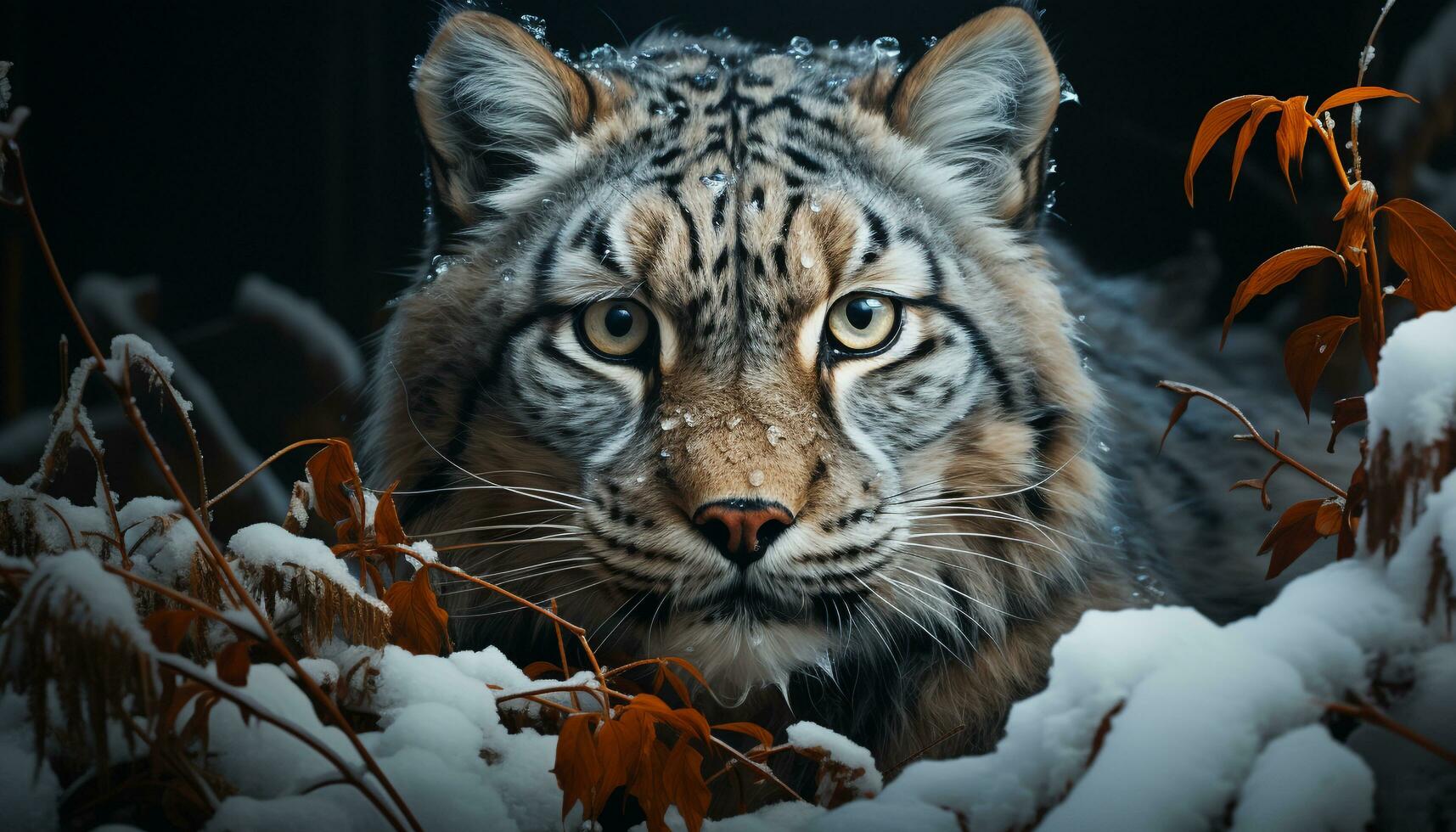 majestätisk tiger, våldsam blick, snö täckt skog, skönhet i natur genererad förbi ai foto