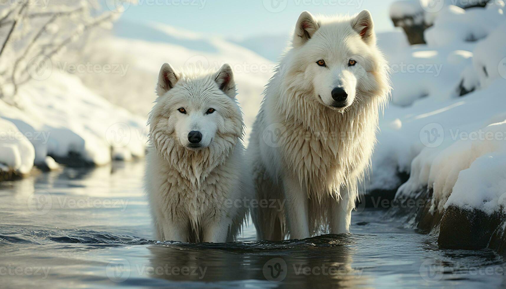 en söt samojed valp spelar i de snöig utomhus genererad förbi ai foto