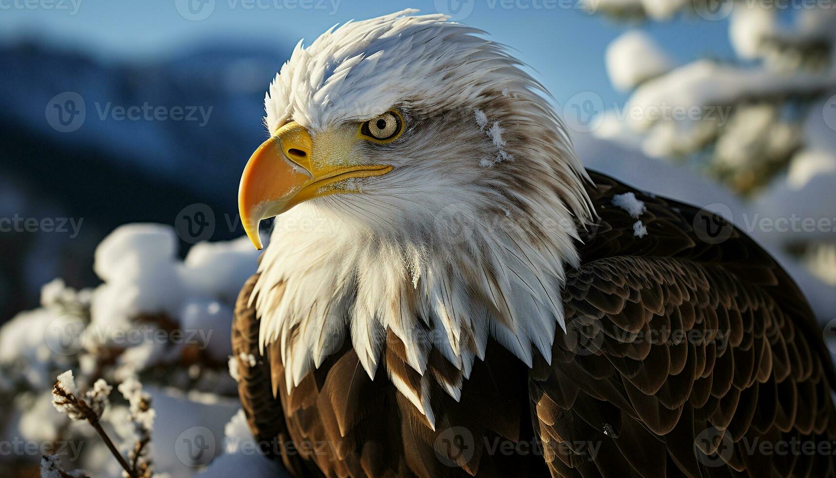 majestätisk skallig Örn perching på en snöig gren, ser våldsamt genererad förbi ai foto