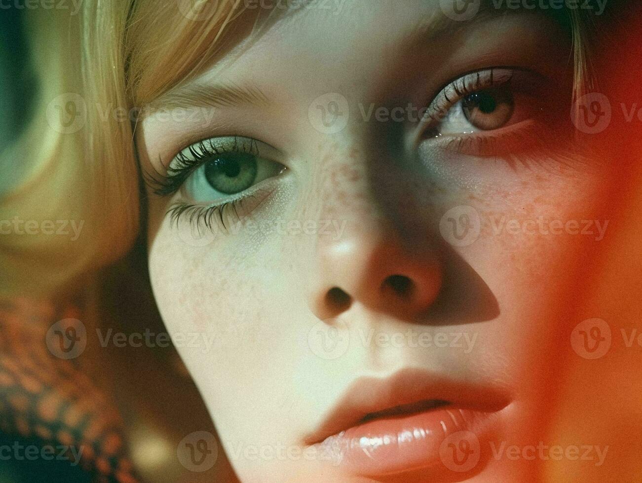 förtjusande porträtt av en skön röd håriga kvinna med fängslande ljus ögon generativ ai Foto