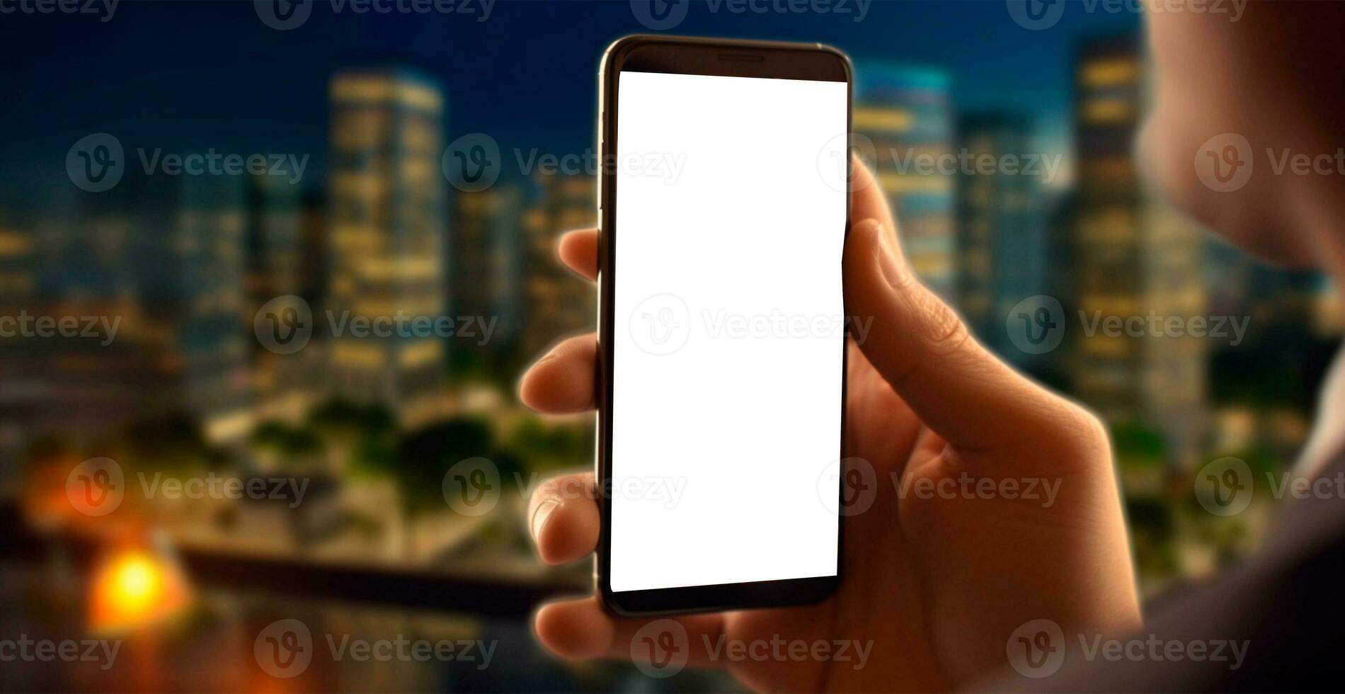 attrapp bild av man innehav smartphone med tom vit skärm, företag begrepp - ai genererad bild foto