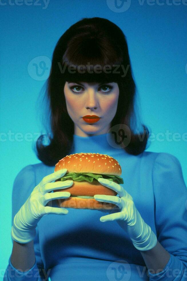 kvinna hamburgare hand burger foto
