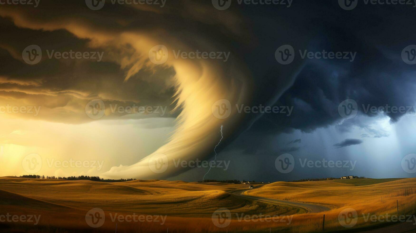 tornado i stormig landskap, åska storm, klimat förändra, naturlig katastrof, generativ ai illustration foto