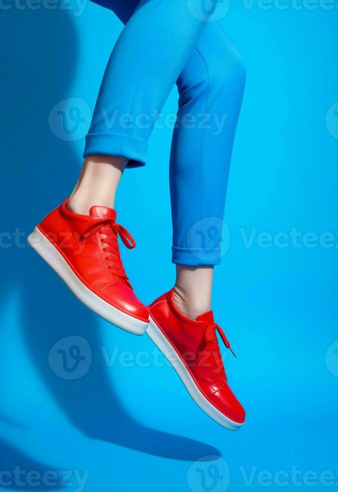 kvinna modern röd läder sko trend begrepp blå stil modern Färg foto
