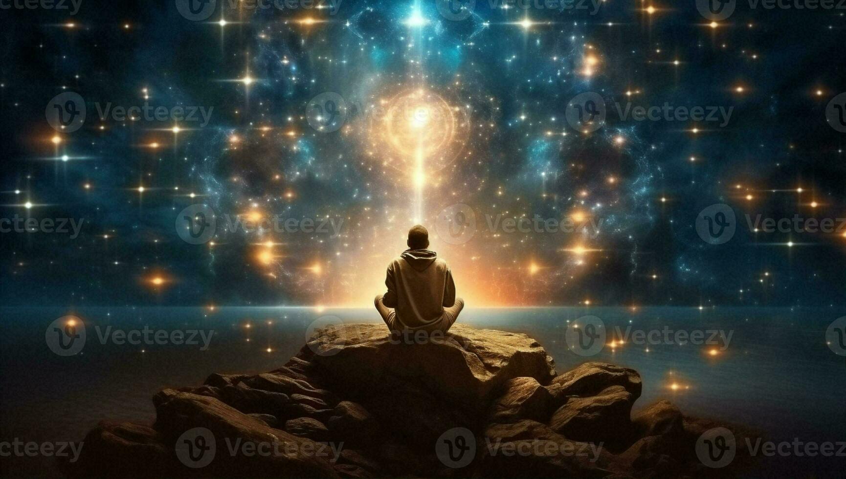 mänsklig mediterar buddhism zen universum lotus andlighet ljus Plats silhuett stjärna energi yoga foto
